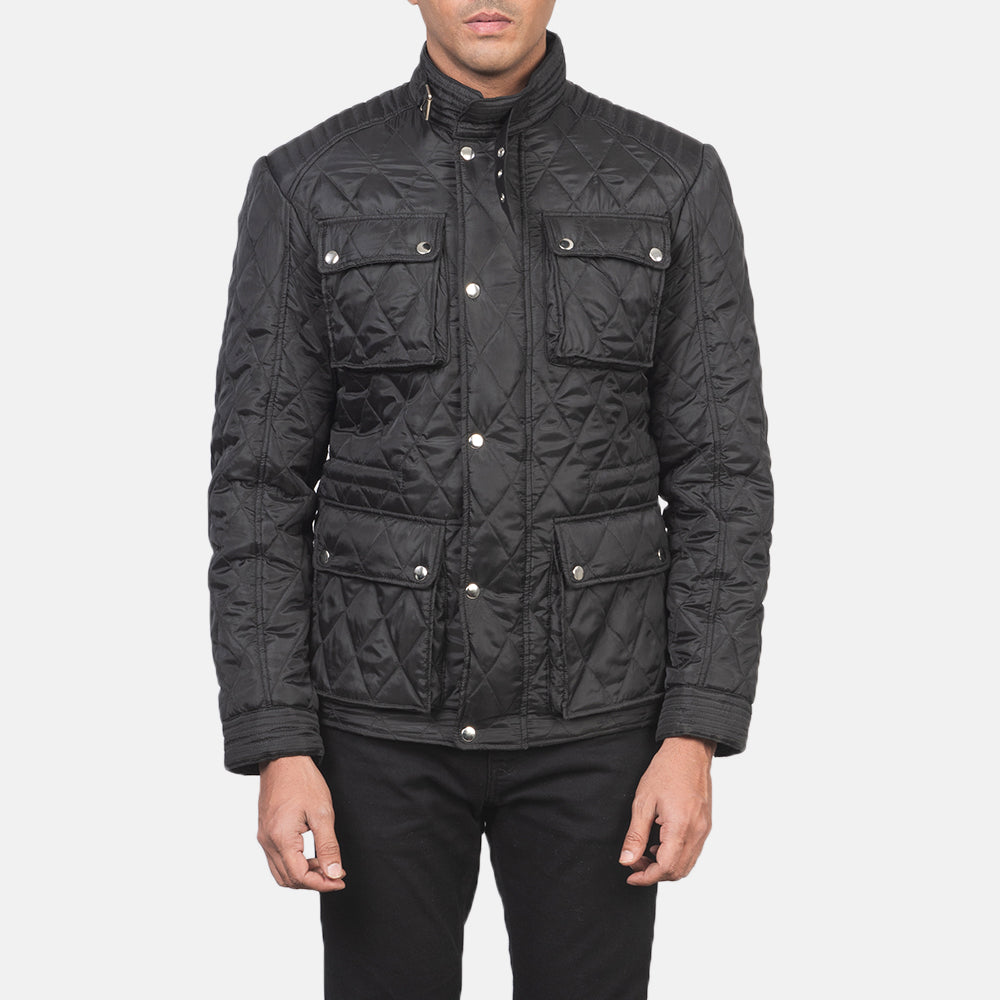 Detaje nga afër of Belted Band & Zipper with Front Button Flap Hardware on Nelson Quilted Black Windbreaker Jacket