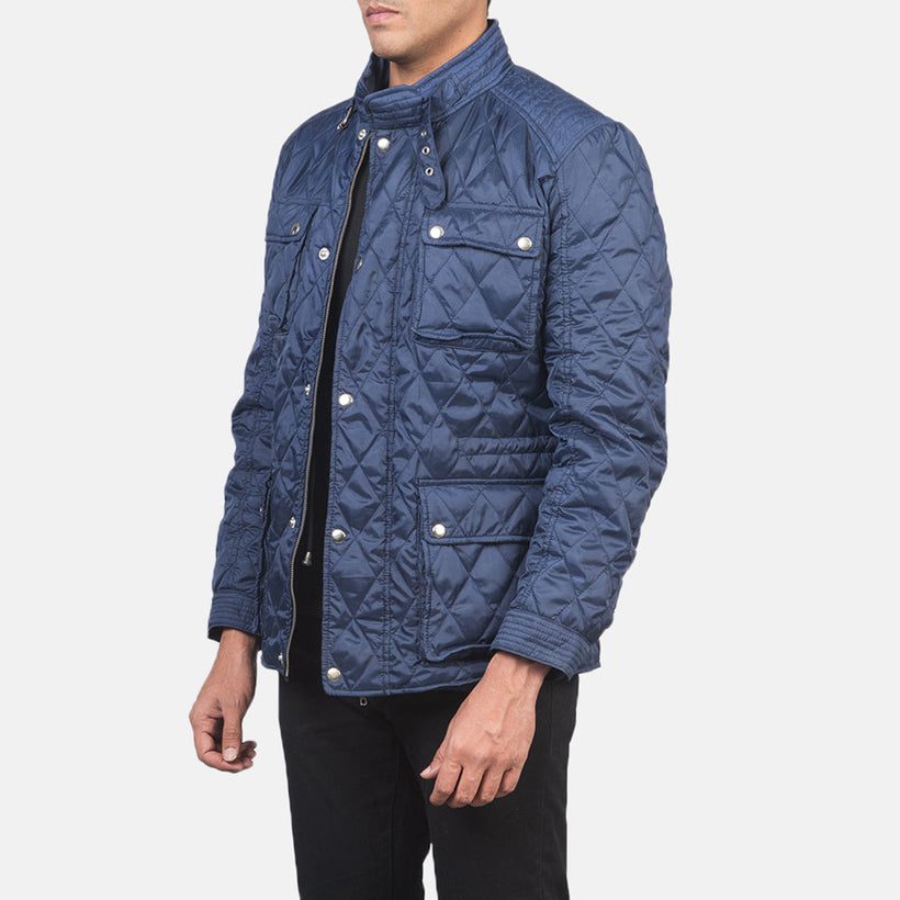 Blue Nylon Winter Jacket - Back View Showing Tailored Shoulder Fit & Clean Hemline