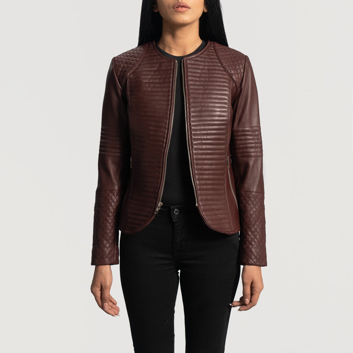 
Nexi Quilted Maroon Leather Jacket - Pamje anësore me prerje ergonomike të mëngëve