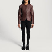 
Detaje nga afër of Classic Collar & Zipper Hardware on Nexi Quilted Maroon Leather Jacket