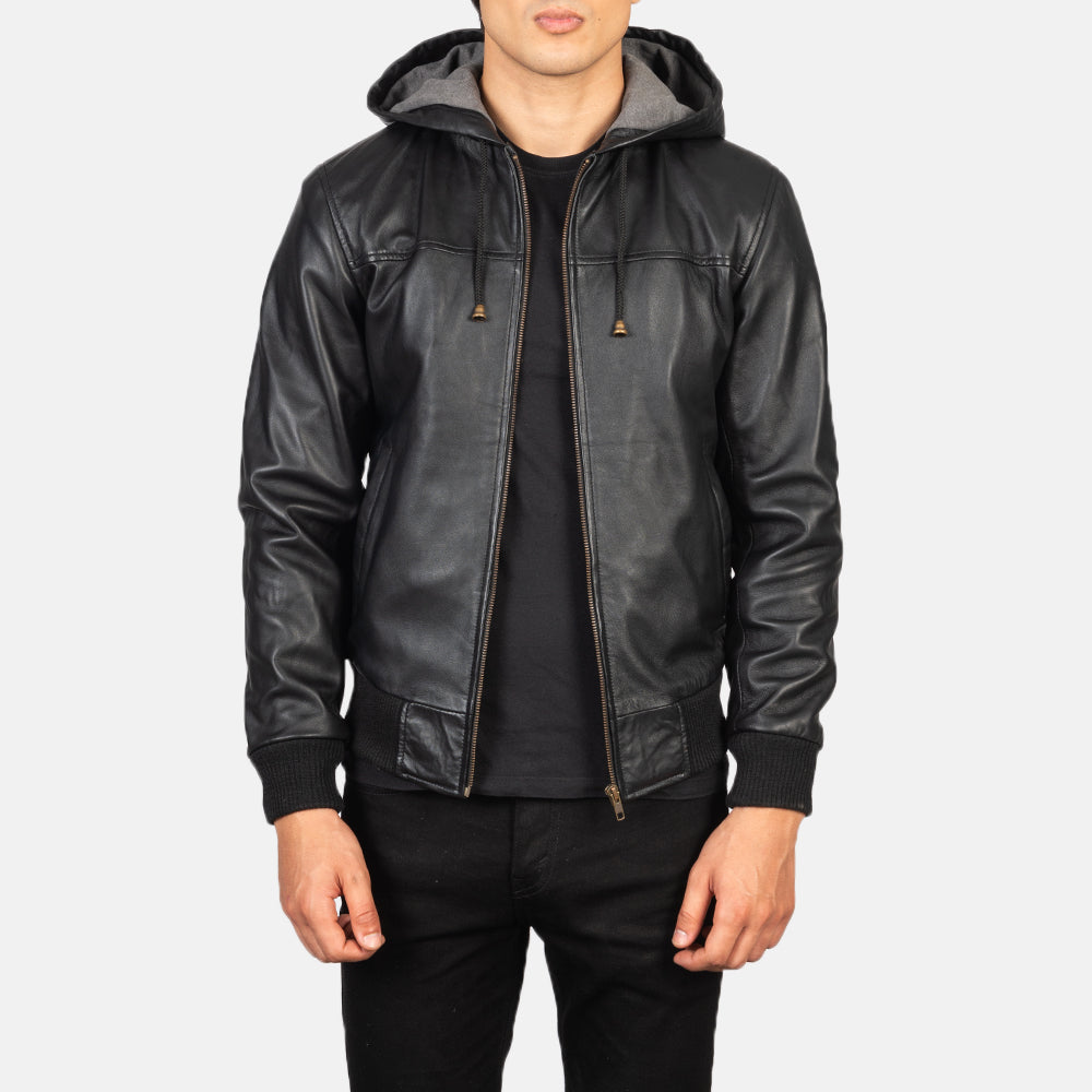 
Nintenzo Black Hooded Leather Jacket in Black Sheepskin Leather - Pamje ballore dhe siluetë e përshtatur | Bli online