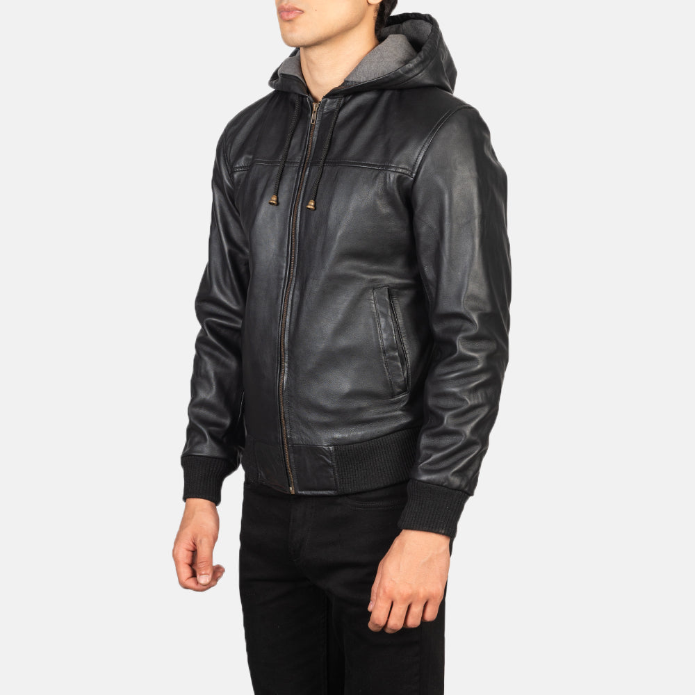 
Black Sheepskin Leather Hooded Jacket - Pamje e pasme me supe të theksuara dhe buzë të pastër