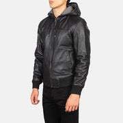 
Black Sheepskin Leather Hooded Jacket - Pamje e pasme me supe të theksuara dhe buzë të pastër