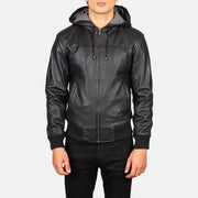 
Detaje nga afër of Hooded & Zipper Hardware on Nintenzo Black Hooded Leather Jacket