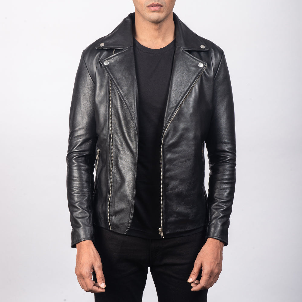 
Noah Black Leather Biker Jacket in Black Sheepskin Leather - Pamje ballore dhe siluetë e përshtatur | Bli online