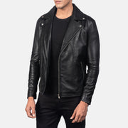 
Black Sheepskin Leather Biker Jacket - Pamje e pasme me supe të theksuara dhe buzë të pastër