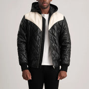 
Norman Tan Hooded Bomber Leather Puffer Jacket in Tan Brown Sheepskin Leather - Pamje ballore dhe siluetë e përshtatur | Bli online