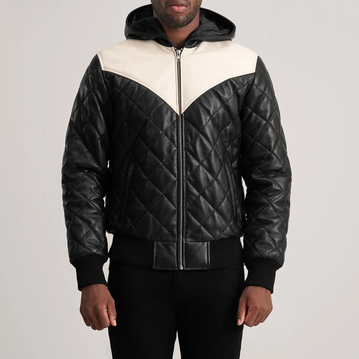 
Detaje nga afër of Hooded & Zipper Hardware on Norman Tan Hooded Bomber Leather Puffer Jacket