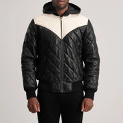 
Detaje nga afër of Hooded & Zipper Hardware on Norman Tan Hooded Bomber Leather Puffer Jacket