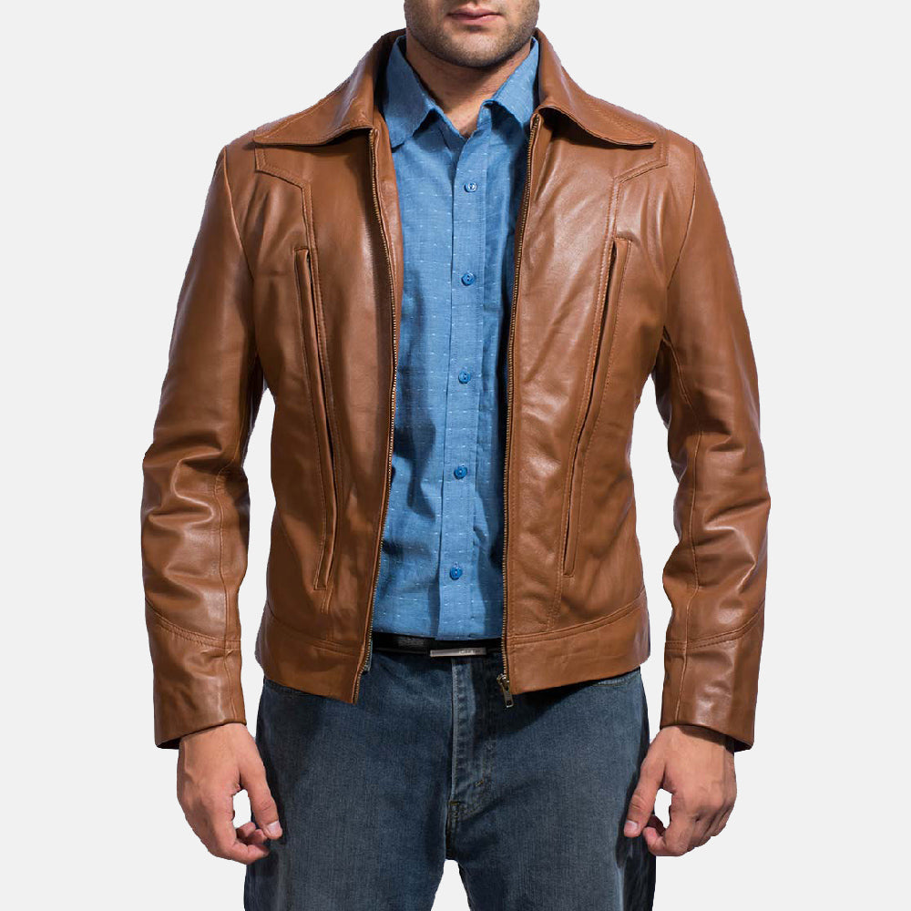
Old School Kafe Xhaketë Lëkure për Meshkuj in Brown Sheepskin Leather - Pamje ballore dhe siluetë e përshtatur | Bli online