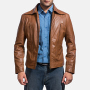
Old School Kafe Xhaketë Lëkure për Meshkuj in Brown Sheepskin Leather - Pamje ballore dhe siluetë e përshtatur | Bli online