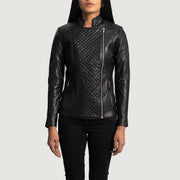 Women's Orient Grain Quilted Black Leather Biker Jacket in Black Sheepskin Leather - Front Profile View &amp; Tailored Silhouette | Buy Online