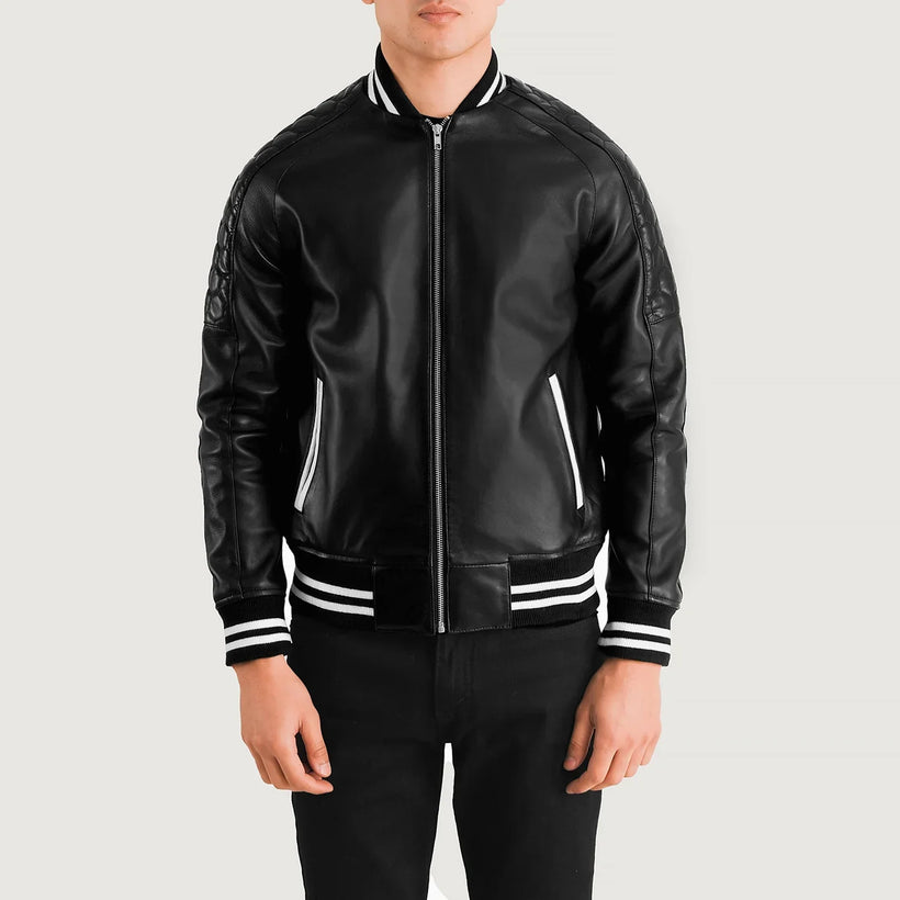 Pascal E zezë Leather Varsity Xhaketë lëkure për meshkuj