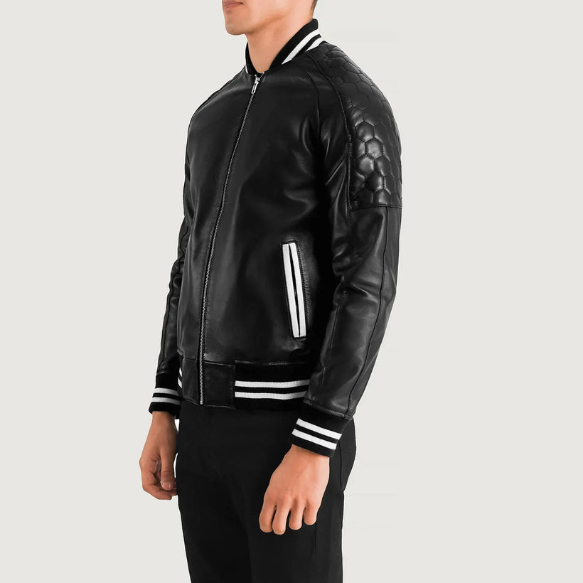 Pascal E zezë Leather Varsity Xhaketë lëkure për meshkuj