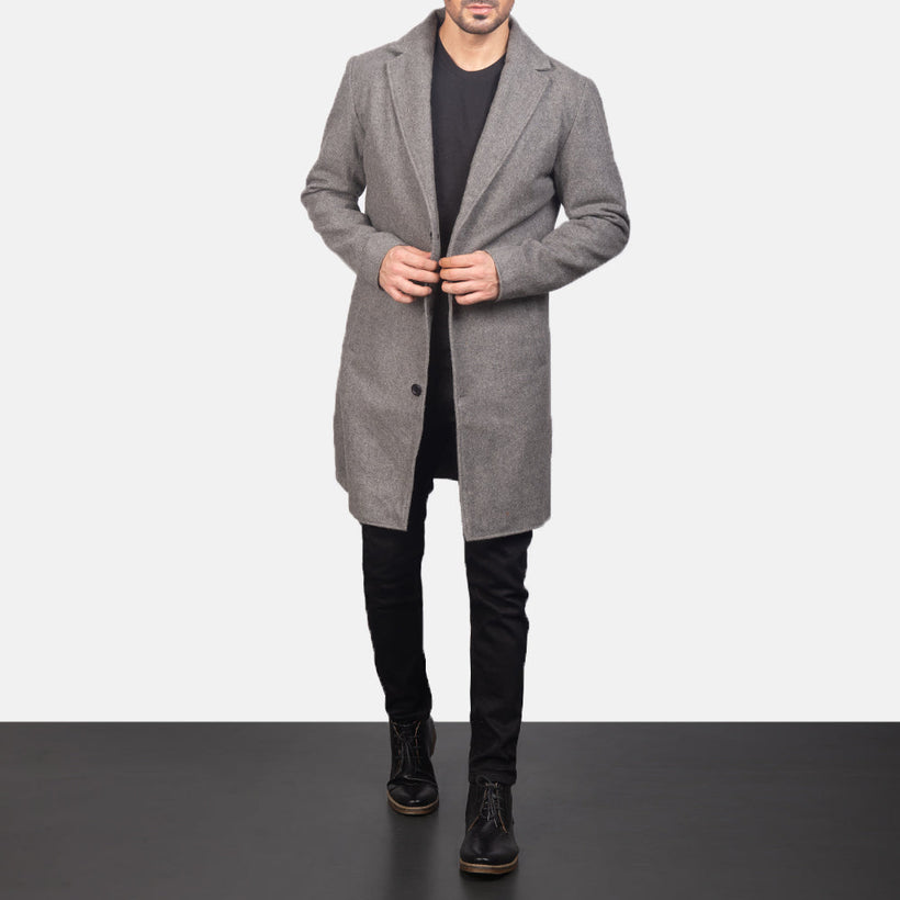 Petrillo Grey Wool Single Breasted Pallto Lëkure për Meshkuj