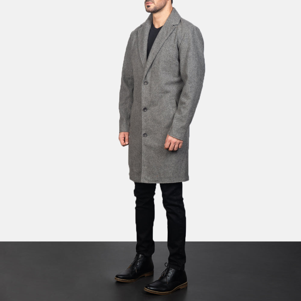
Grey Synthetic Wool Trench Coat - Pamje e pasme me supe të theksuara dhe buzë të pastër