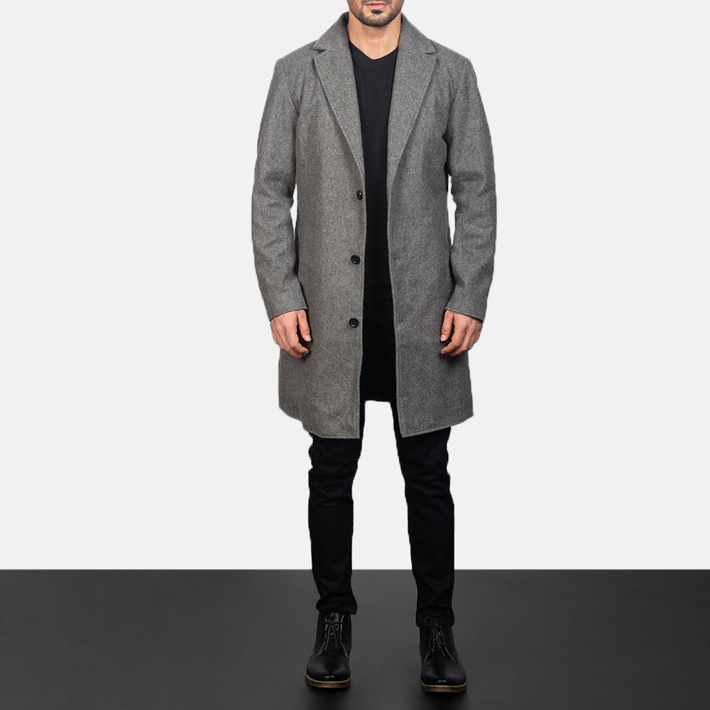 
Detaje nga afër of Notch & Button Hardware on Petrillo Grey Wool Single Breasted Pallto Lëkure për Meshkuj