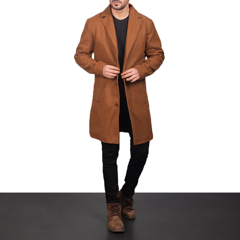 Petrillo Khaki Wool Single Breasted Pallto Lëkure për Meshkuj