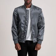 
Quinton MA-1 Grey Xhaketë Bomber Lëkure për Meshkuj - Pamje anësore me prerje ergonomike të mëngëve