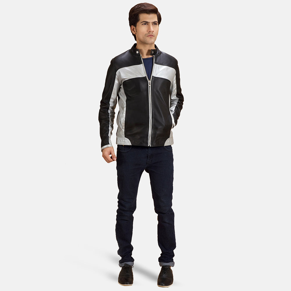 Close-Up Detail of Band with snap button &amp; Zipper Hardware on Randolf Silver Black Leather Biker Jacket