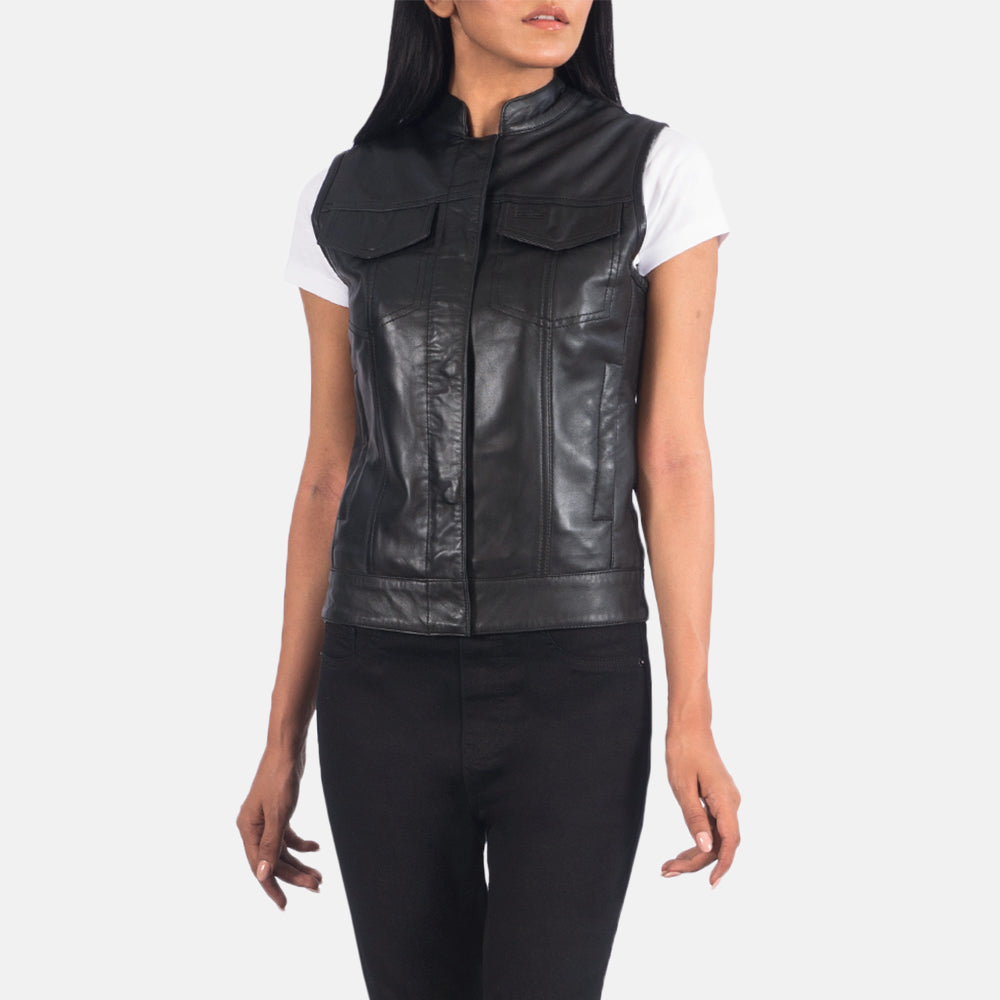 
Detaje nga afër of Band & Zipper Hardware on Rayne Moto E zezë Jelek Lëkure për Femra