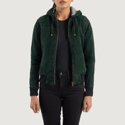 
Rebella Green Hooded Suede Bomber Jacket in Green Goatskin Suede - Pamje ballore dhe siluetë e përshtatur | Bli online