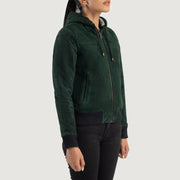 
Green Goatskin Suede Bomber Jacket - Pamje e pasme me supe të theksuara dhe buzë të pastër