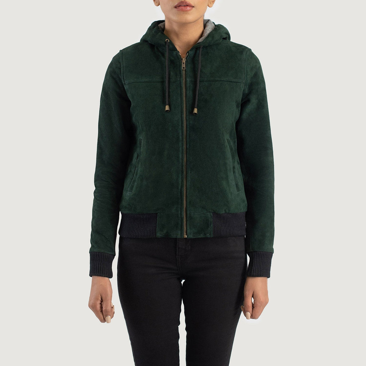 
Detaje nga afër of Hooded & Zipper Hardware on Rebella Green Hooded Suede Bomber Jacket