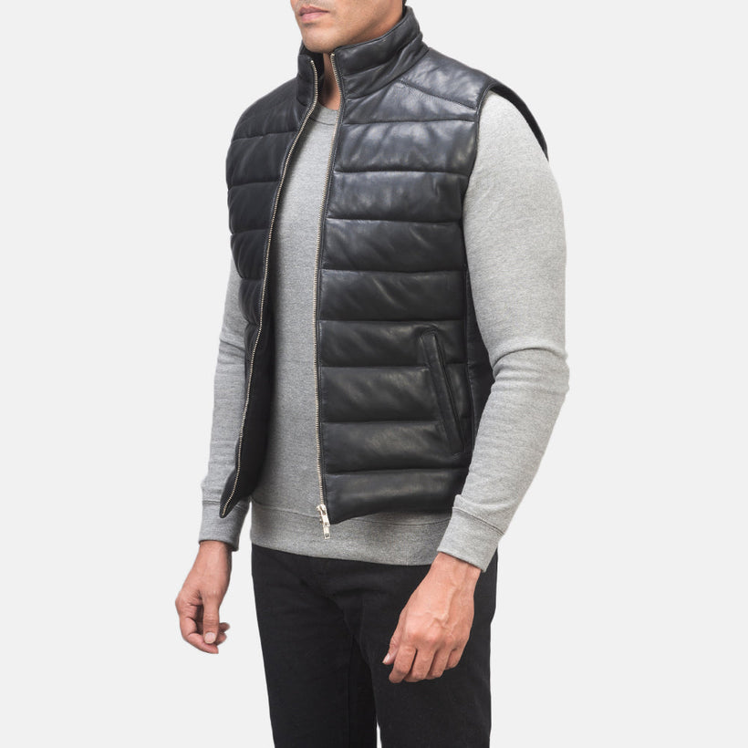 Reeves E zezë Leather Puffer Vest për meshkuj