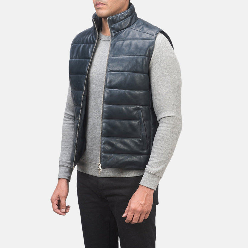 Reeves Blue Leather Puffer Vest për meshkuj