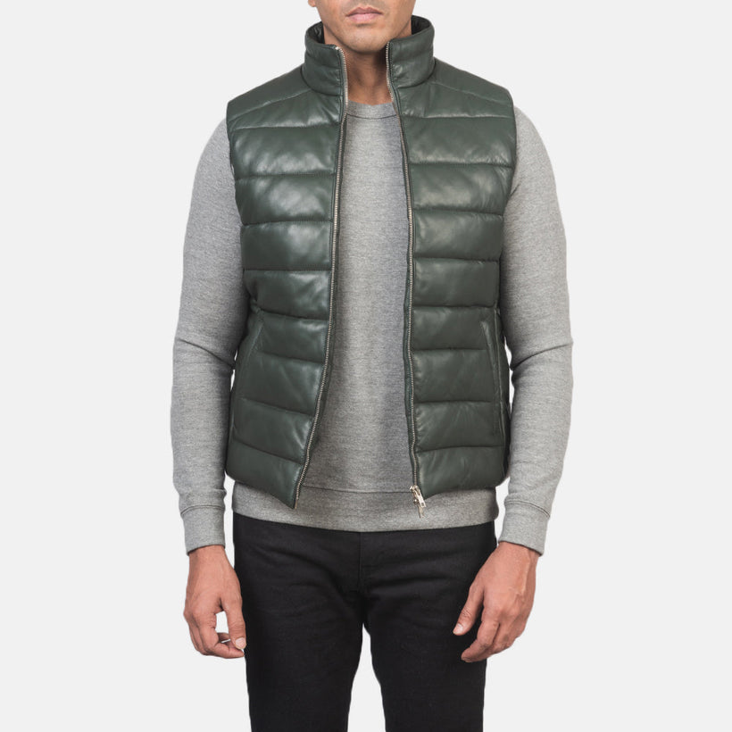 Reeves Green Leather Puffer Vest për meshkuj