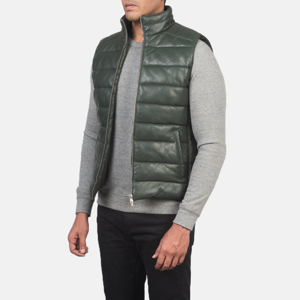 
Green Sheepskin leather Vest - Pamje e pasme me supe të theksuara dhe buzë të pastër
