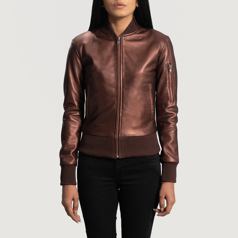 Reida Maroon Xhaketë bomber lëkure për femra