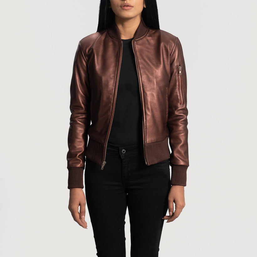 Reida Maroon Xhaketë bomber lëkure për femra