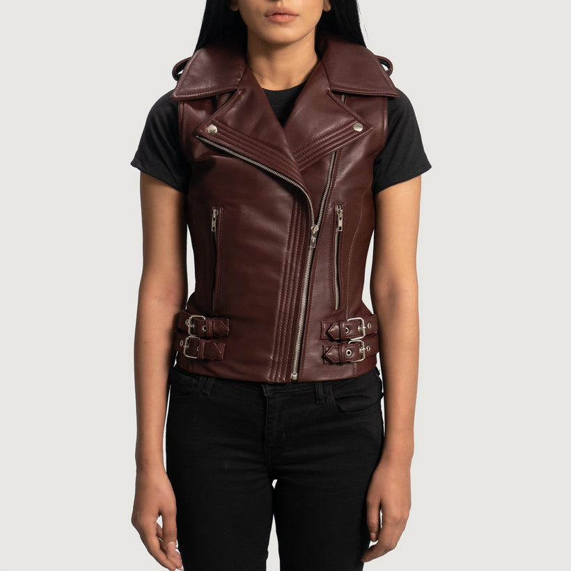 Rhonda Vishnje Leather Biker Vest për Femra