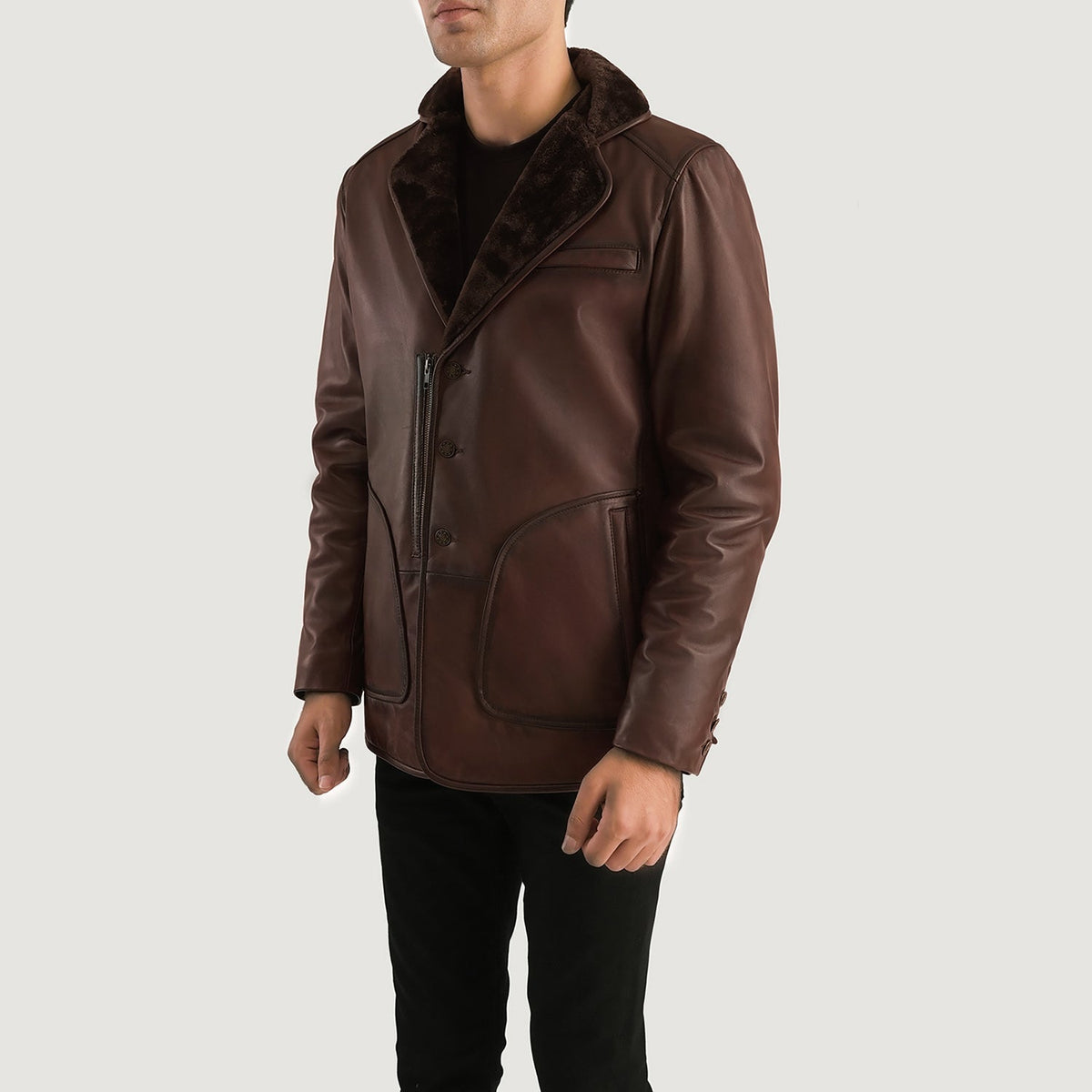 
Distressed Brown Sheepskin Burnishing Aviator Jacket - Pamje e pasme me supe të theksuara dhe buzë të pastër