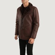 
Distressed Brown Sheepskin Burnishing Aviator Jacket - Pamje e pasme me supe të theksuara dhe buzë të pastër