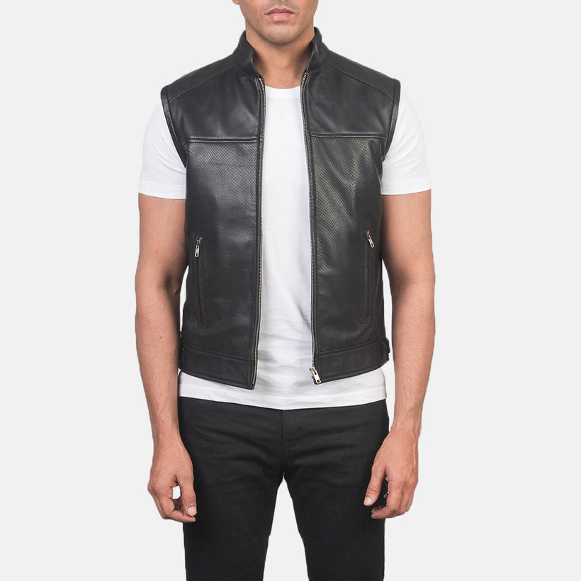 Roland E zezë Leather Biker Vest për meshkuj