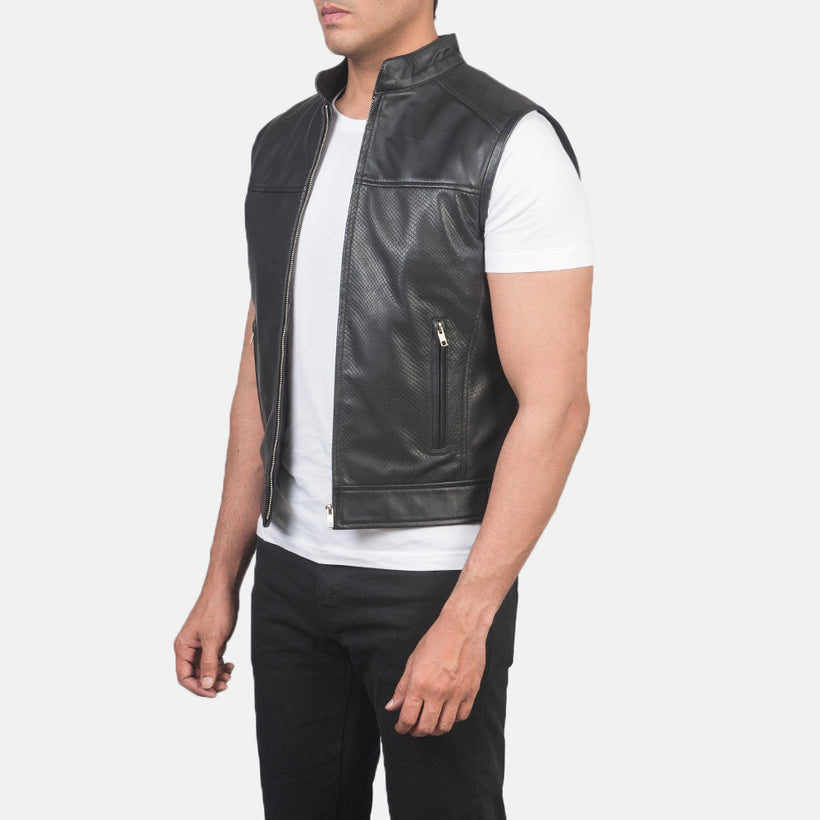 Roland E zezë Leather Biker Vest për meshkuj