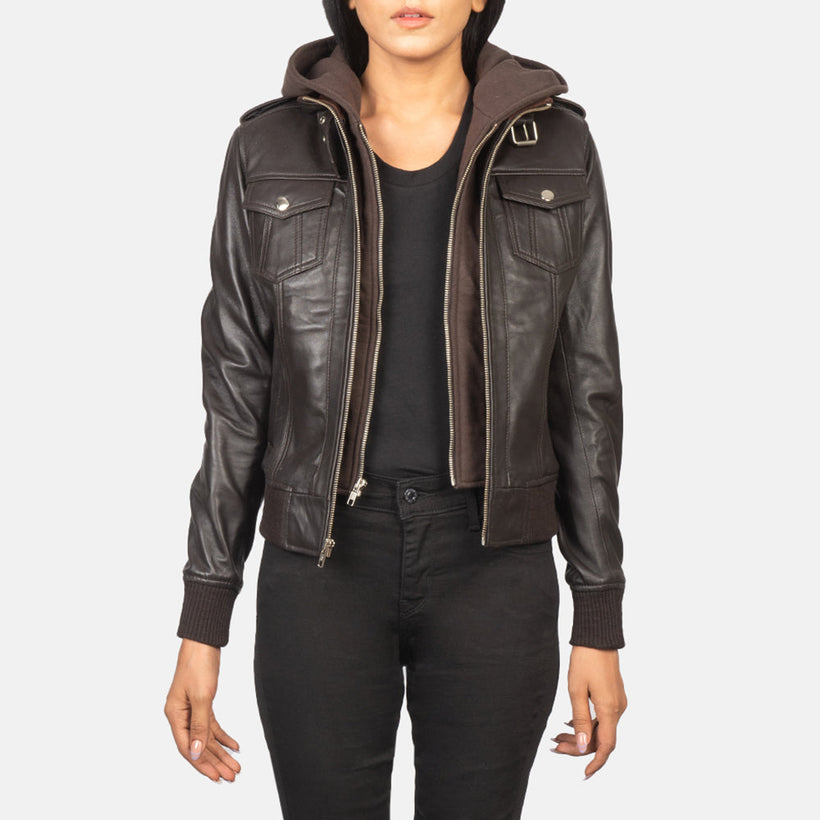 Roslyn Hooded Xhaketë bomber lëkure për femra