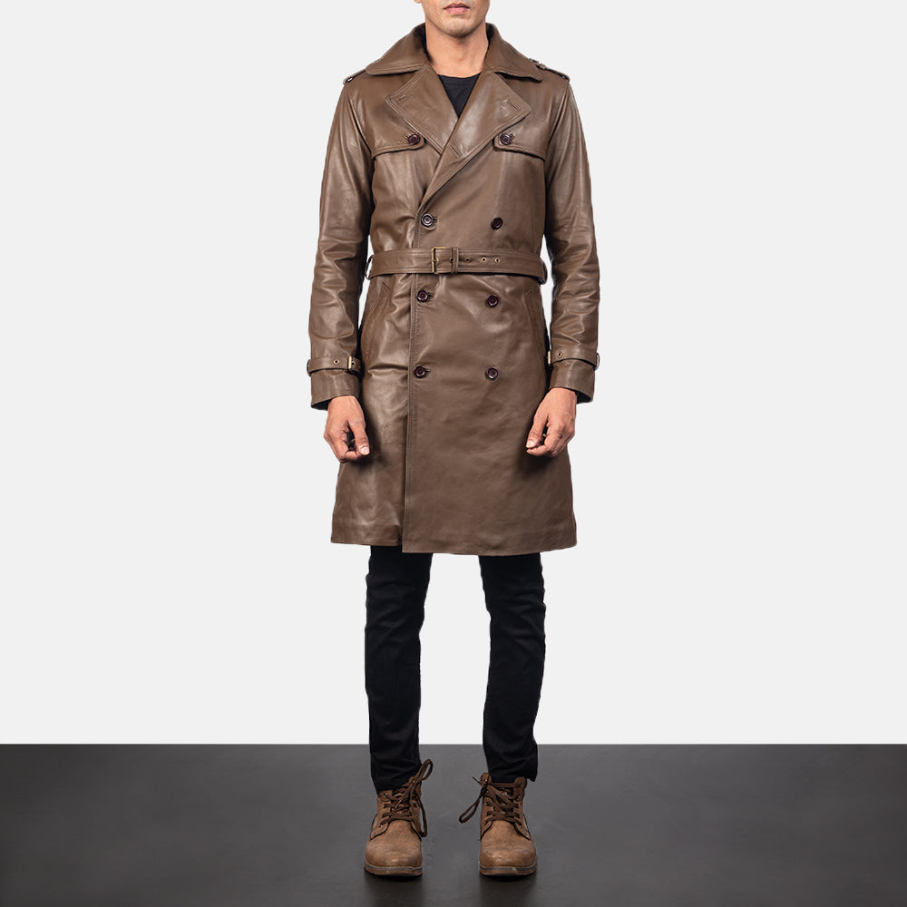 
Royson Kafe Leather Duster Pallto Lëkure për Meshkuj in Mocha Brown Calfskin Leather - Pamje ballore dhe siluetë e përshtatur | Bli online