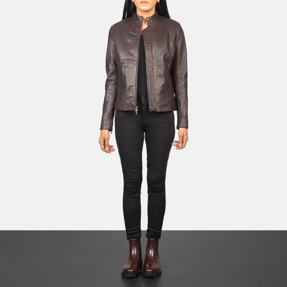 
Rumella Maroon Leather Biker Jacket - Pamje anësore me prerje ergonomike të mëngëve