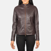 
Detaje nga afër of Mandarin & Zipper with Dual Puller Hardware on Rumella Maroon Leather Biker Jacket