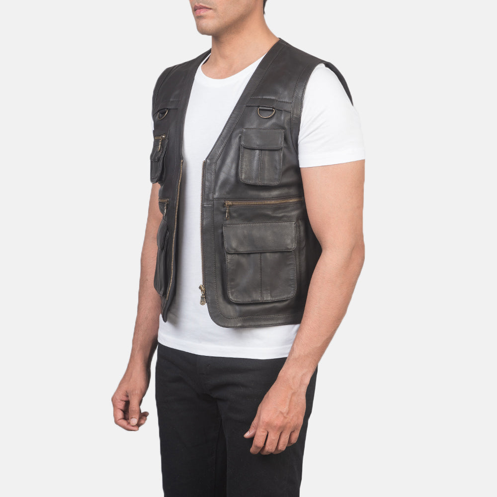 
Brown Sheepskin leather Vest - Pamje e pasme me supe të theksuara dhe buzë të pastër