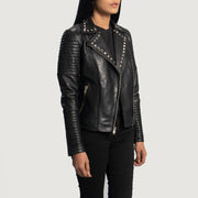 
Black Sheepskin Leather Biker Jacket - Pamje e pasme me supe të theksuara dhe buzë të pastër