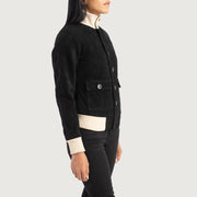 
Black Goatskin Suede Bomber Jacket - Pamje e pasme me supe të theksuara dhe buzë të pastër