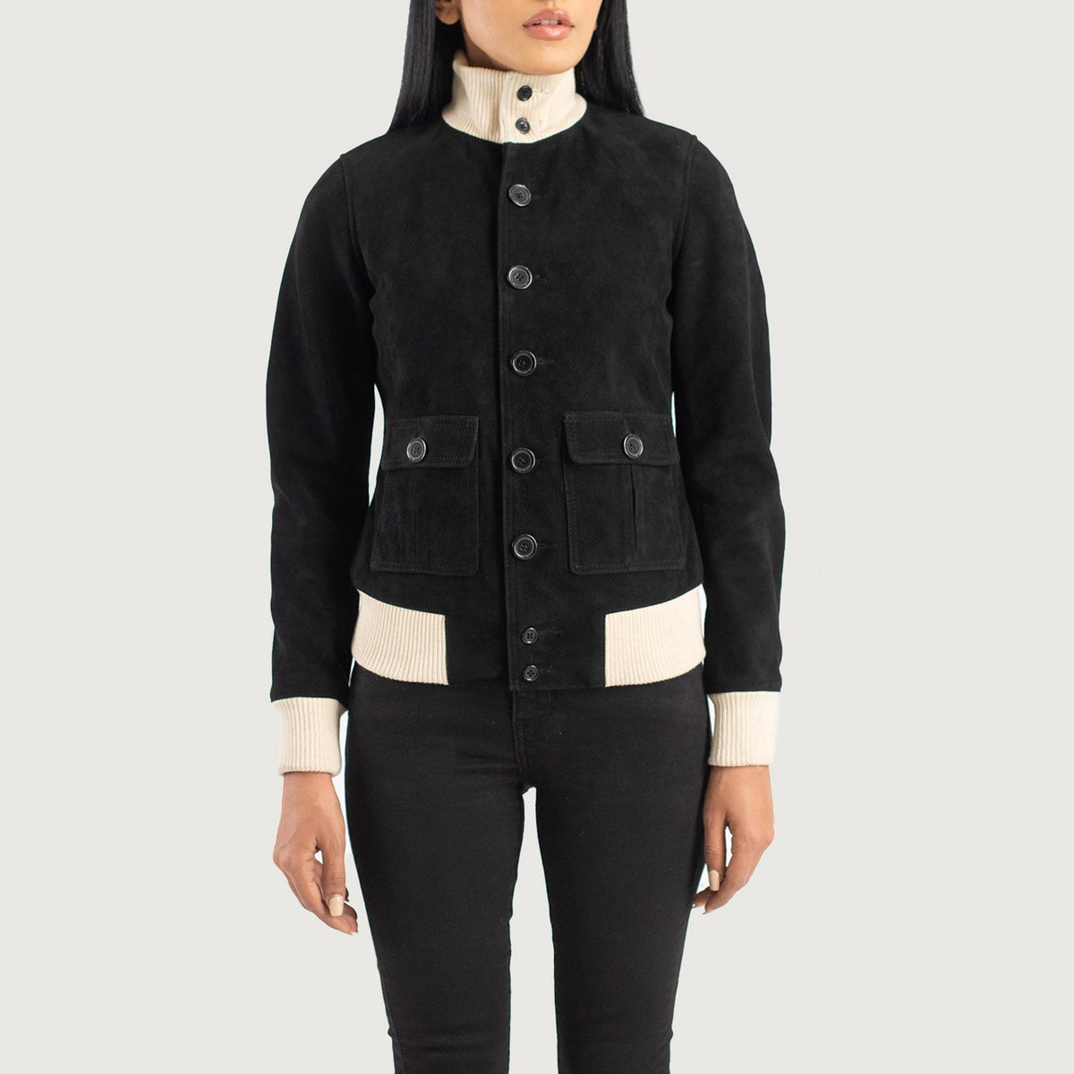 
Detaje nga afër of Knit Rib & Buttons Hardware on Sasha A1 Black Suede Bomber Jacket
