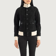
Detaje nga afër of Knit Rib & Buttons Hardware on Sasha A1 Black Suede Bomber Jacket