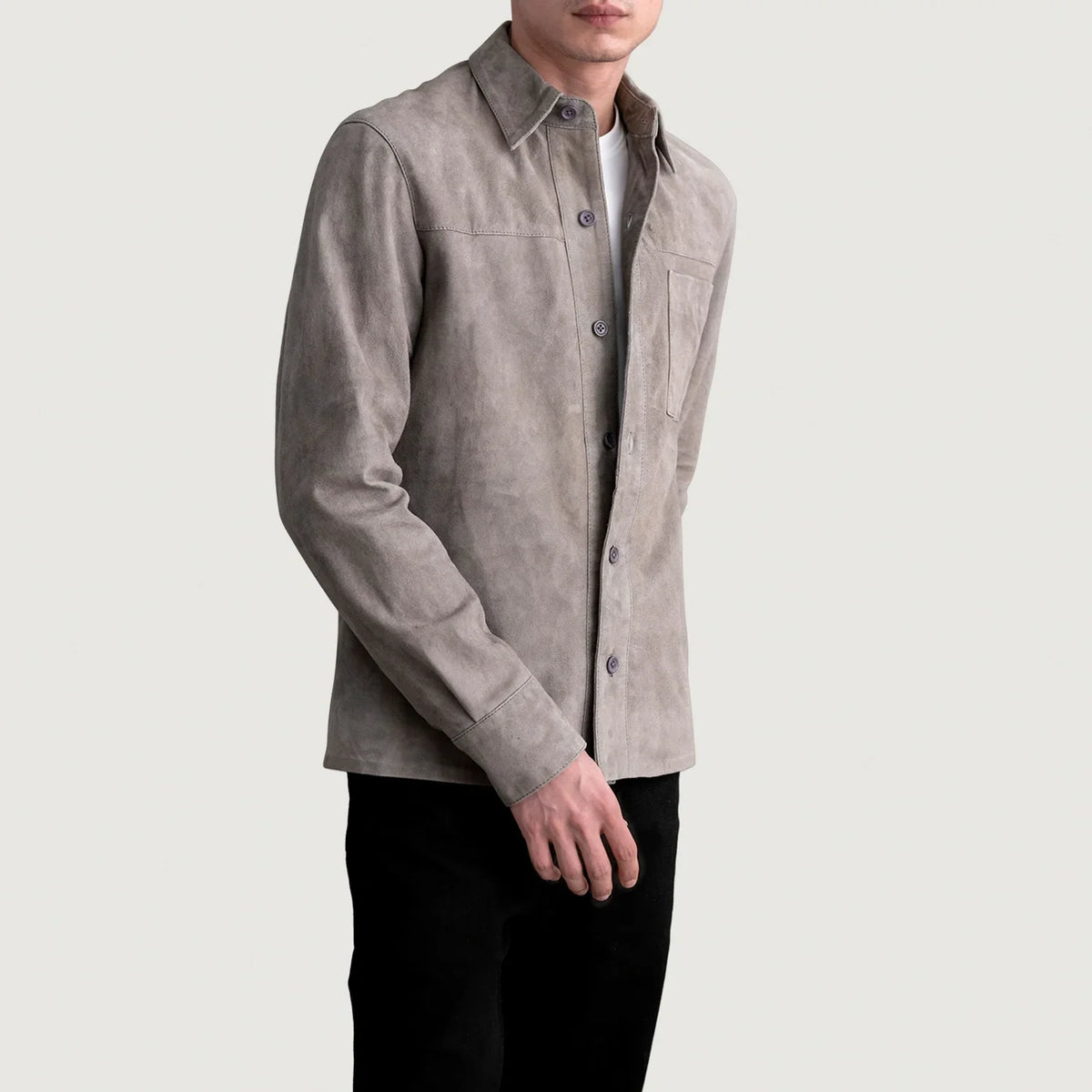 
Grey Goatskin suede Jacket - Pamje e pasme me supe të theksuara dhe buzë të pastër