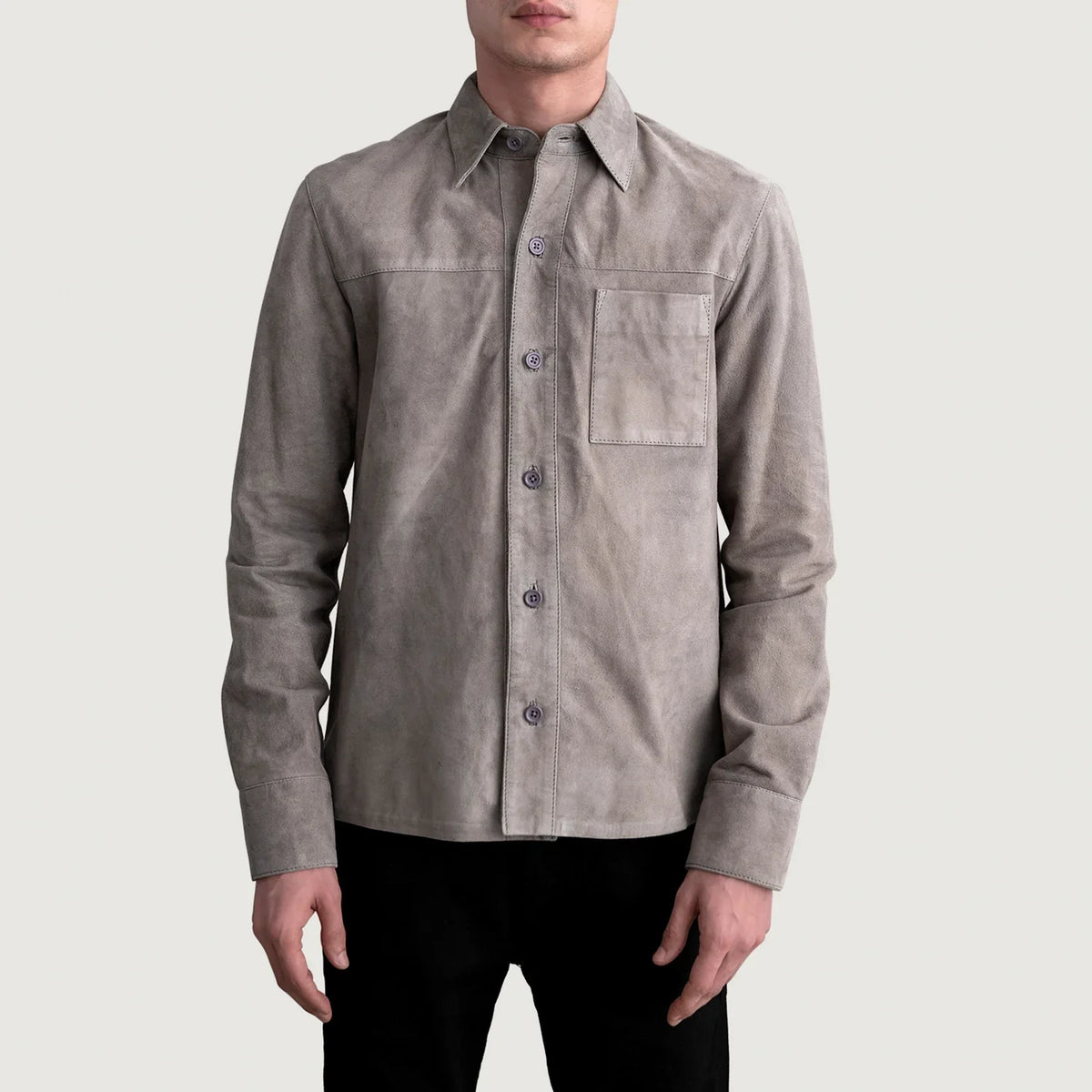 
Scout Grey Suede Leather Shirt për Meshkuj për Meshkuj - Pamje anësore me prerje ergonomike të mëngëve